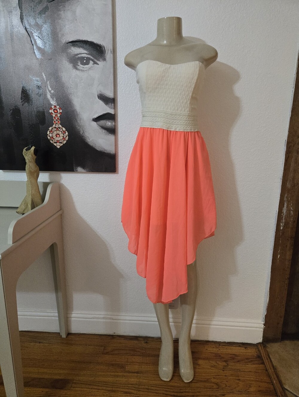 NWT Rue 21 Strapless Beige and Coral High-Low Dress Size Medium